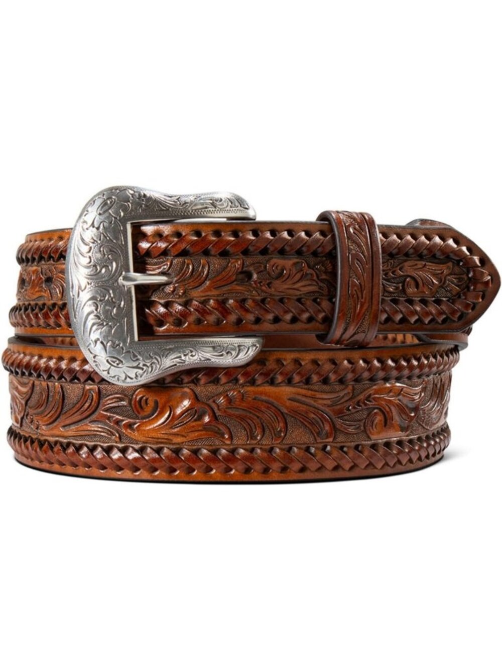 Men's Floral Embossed Lace Belt with Antique Silver Buckle, Tapered Design